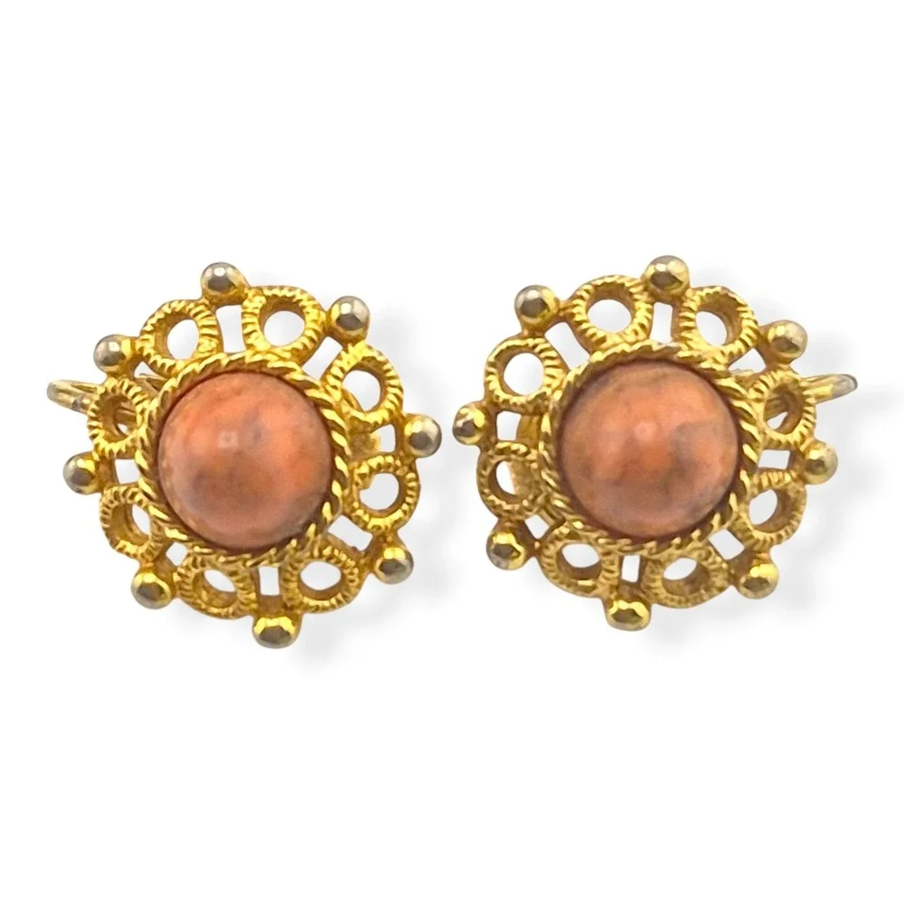 Vintage Sarah Coventry Valencia Brooch & Earrings Set 1970s Faux Coral Gold Tone